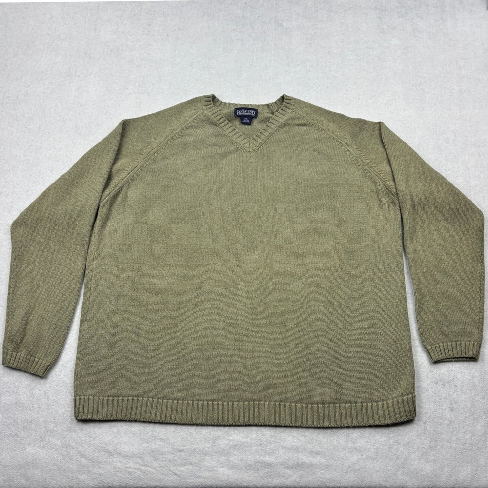 Vintage Lands End Mens 2XL Green Cotton V Neck Sweater Made in USA Raglan 63868